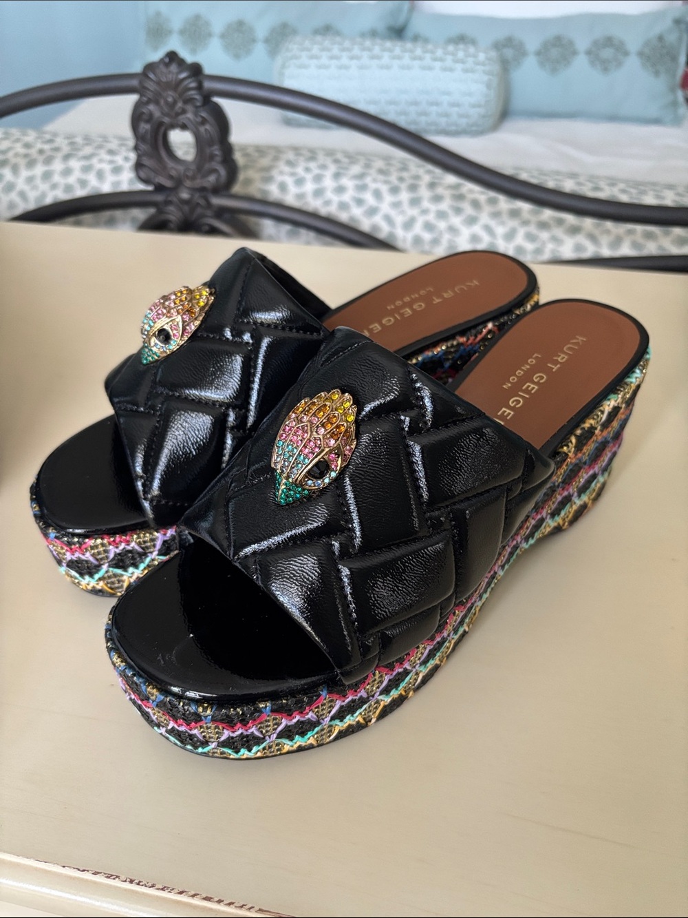 Kurt Geiger Black Quilted Platform Slide Mules with Multicolor Woven Sole - Picture 2 of 8